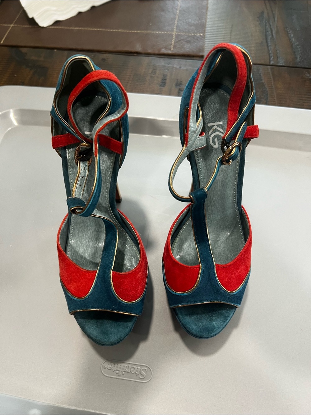 Kurt Geiger Teal and Red Suede T-Strap Heels with Gold Trim